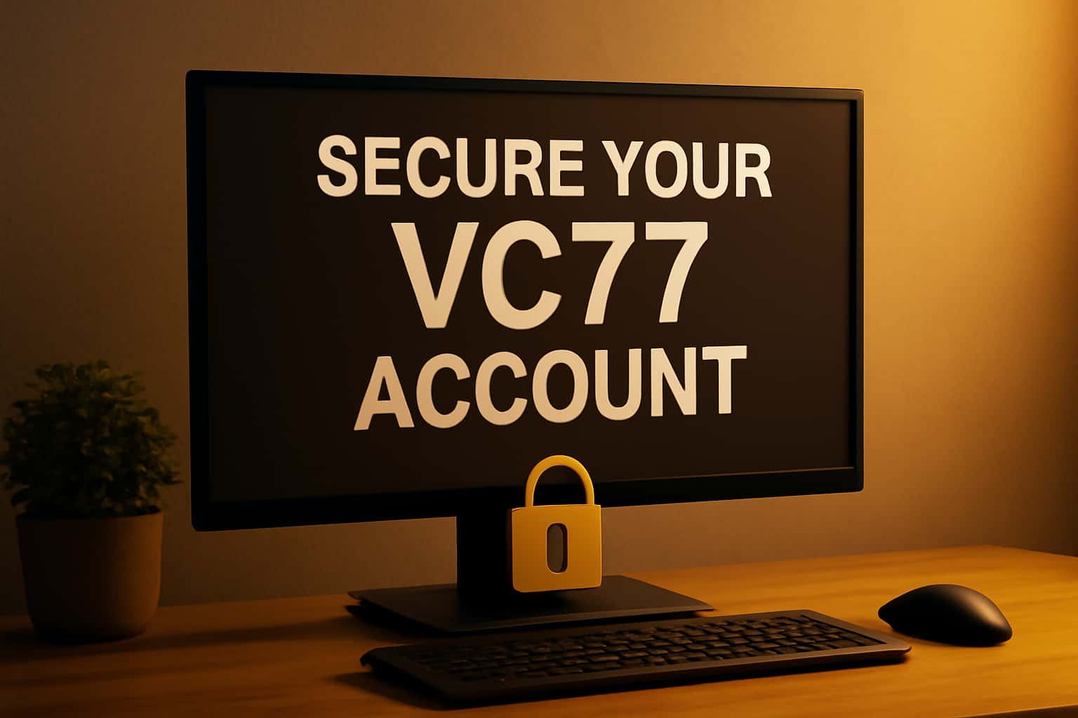 A visual representation of securing an online account, featuring the text 'vc77' prominently.