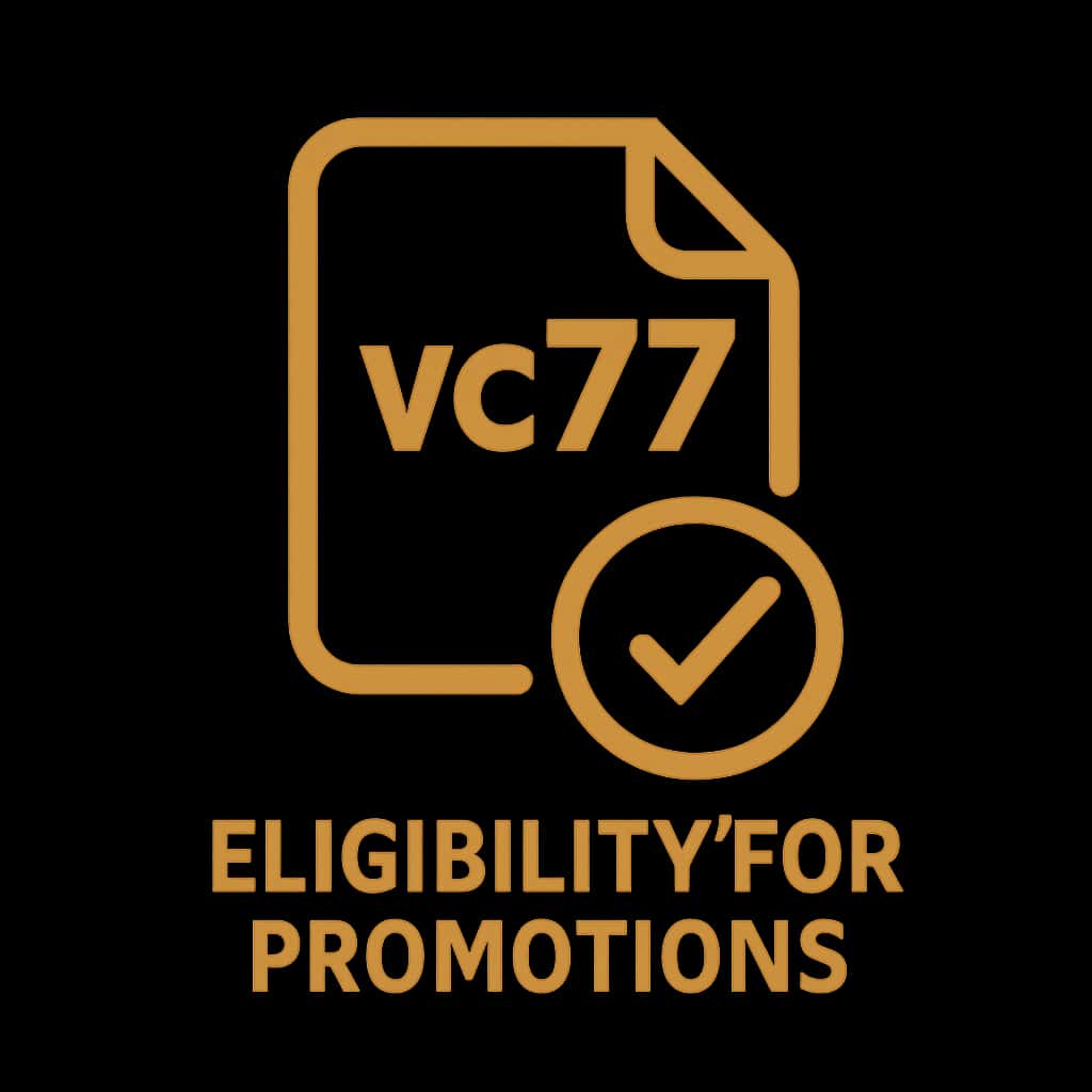 A minimalist badge highlighting vc77 promotions eligibility.