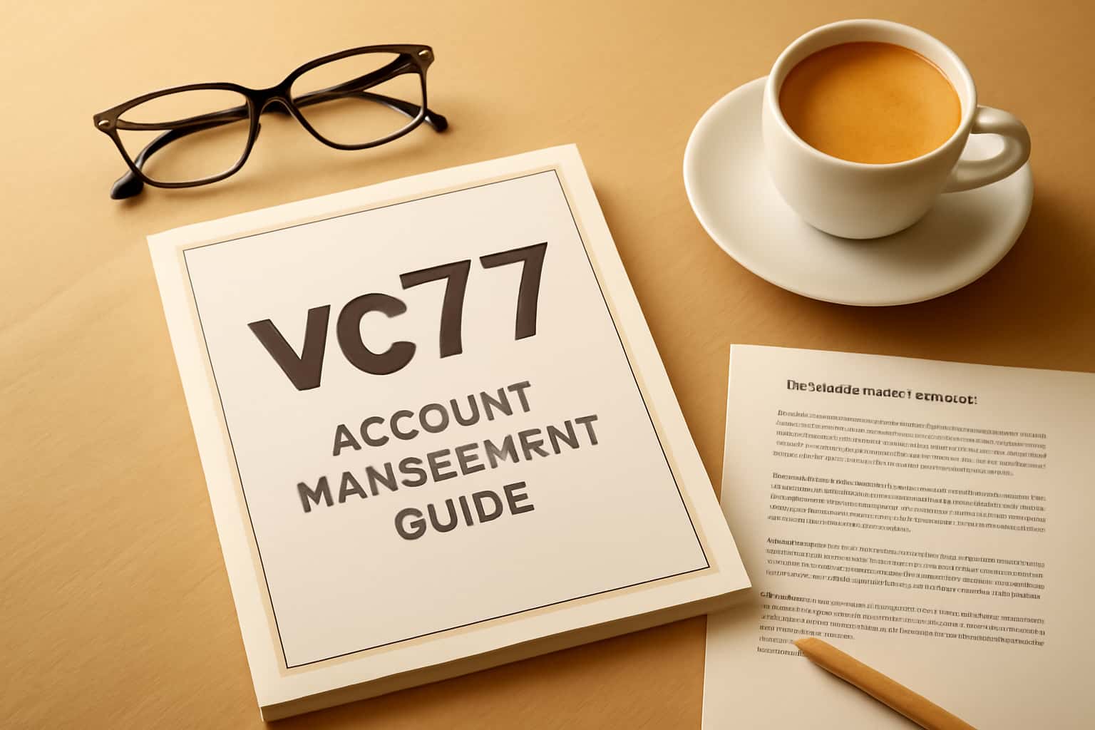 A futuristic representation of the vc77 Account Management Guide with the text 'vc77' highlighted.